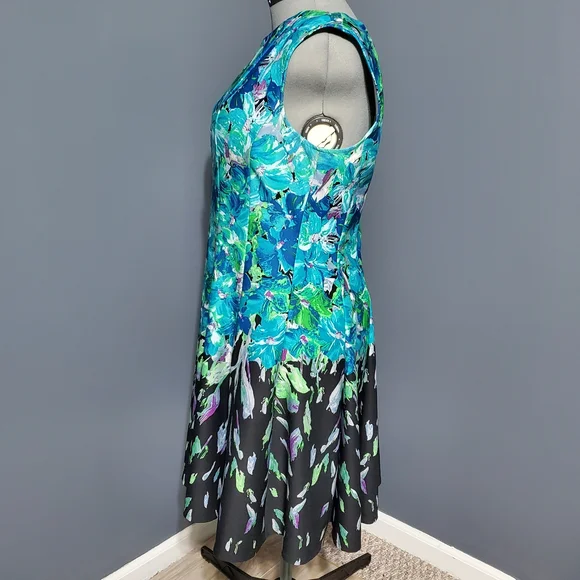 Dress Barn Fit and Flare Green and Blue Floral Print Stretch Women's Size 16 - Picture 2 of 6
